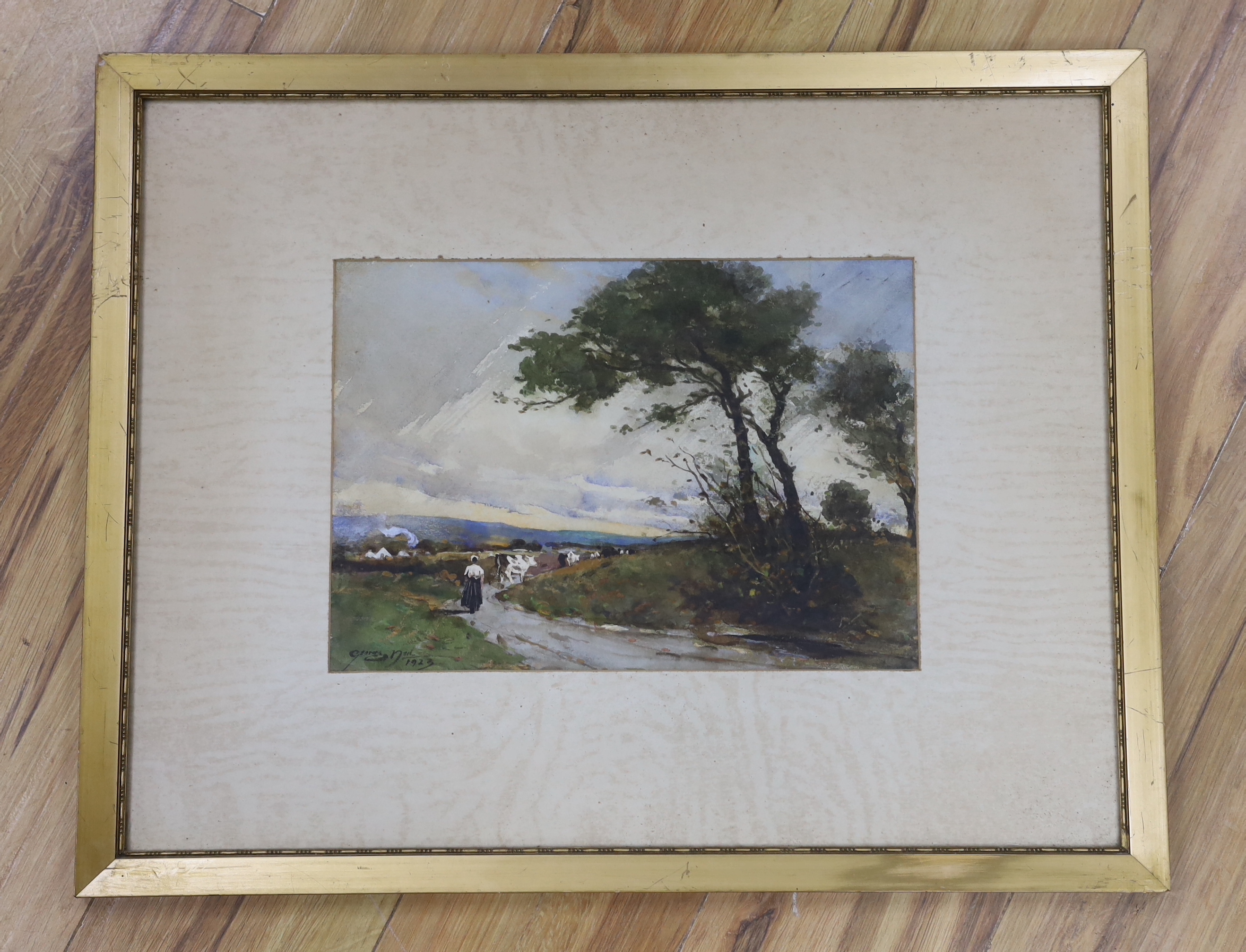 George Neil (Scottish), early 20th century watercolour, country lane with cattle, signed and dated, 34cm x 24cm
